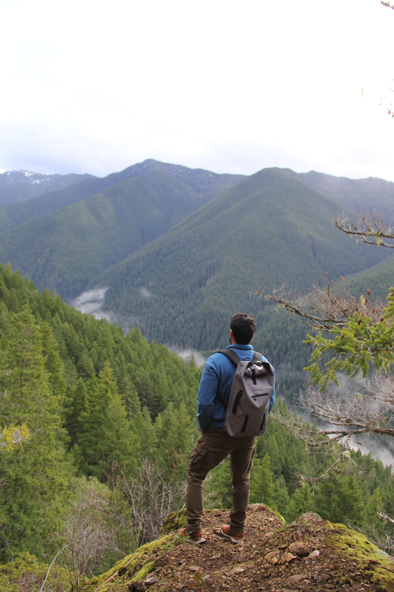 Ramiro Diaz hiking and overlooking a forested mountain valley