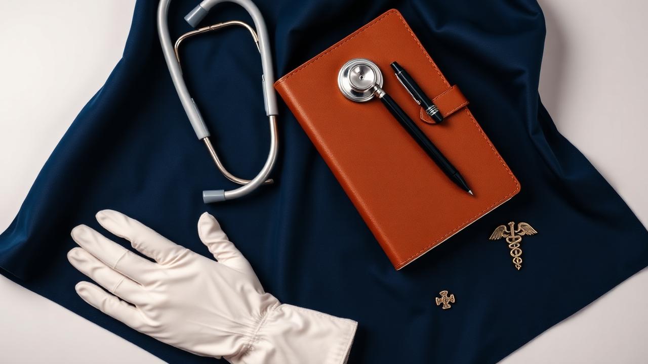 A stethoscope, clinical notebook, and medical instruments arranged on navy linen