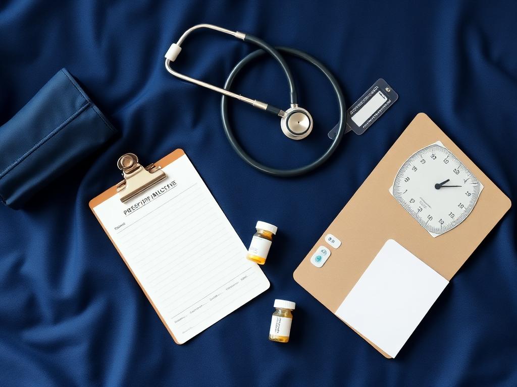 Family medicine flat lay — stethoscope, blood pressure cuff, prescription pad, and medicine bottles
