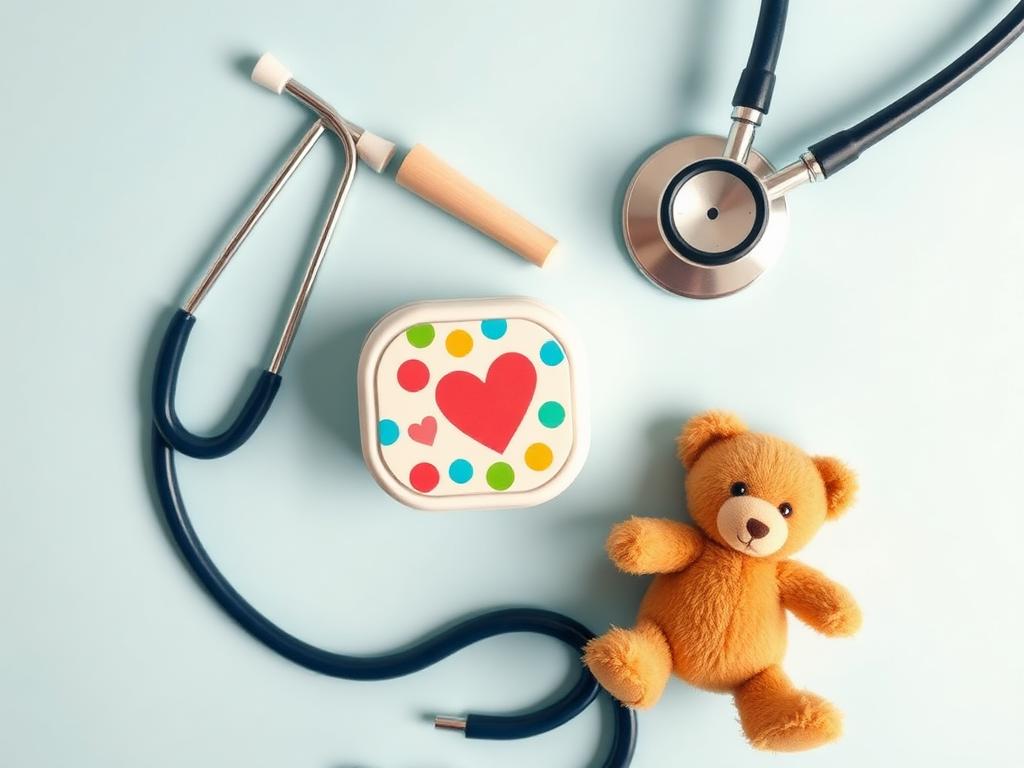 Pediatric care items — stethoscope, otoscope, and a teddy bear