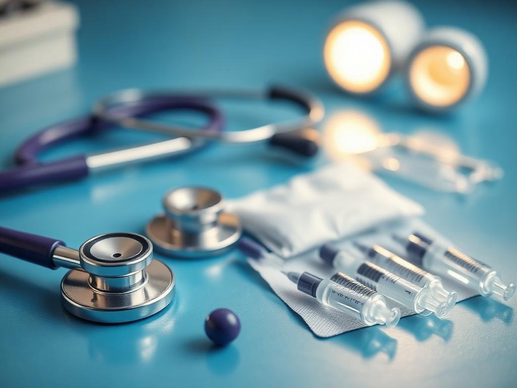 Urgent care instruments — stethoscope, syringes, and gauze